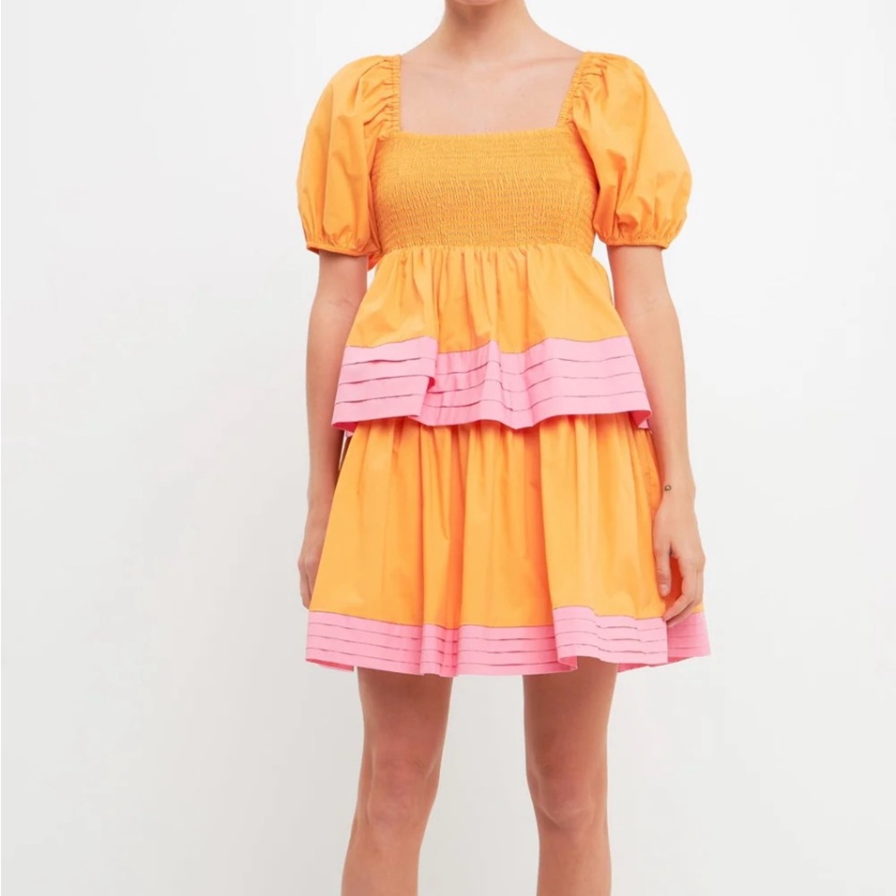 NWOT English Factory Orange and Pink Puff Sleeve Dress